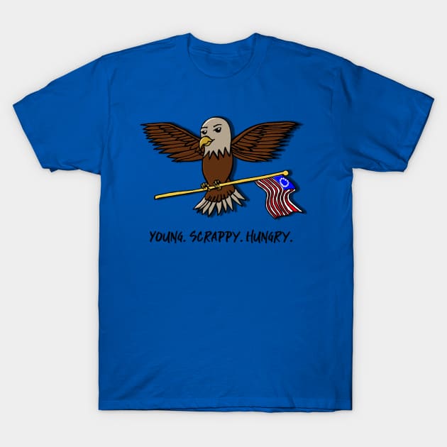 “Young. Scrappy. Hungry.” Bald Eagle With Betsy Ross US Flag T-Shirt by Tickle Shark Designs